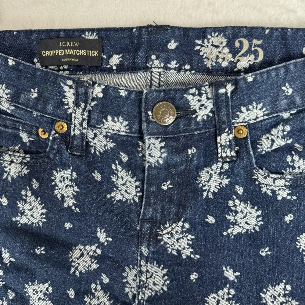 J.Crew Cropped Matchstick Jeans Size 25 Floral Print‎ Low Rise Retro Blue White